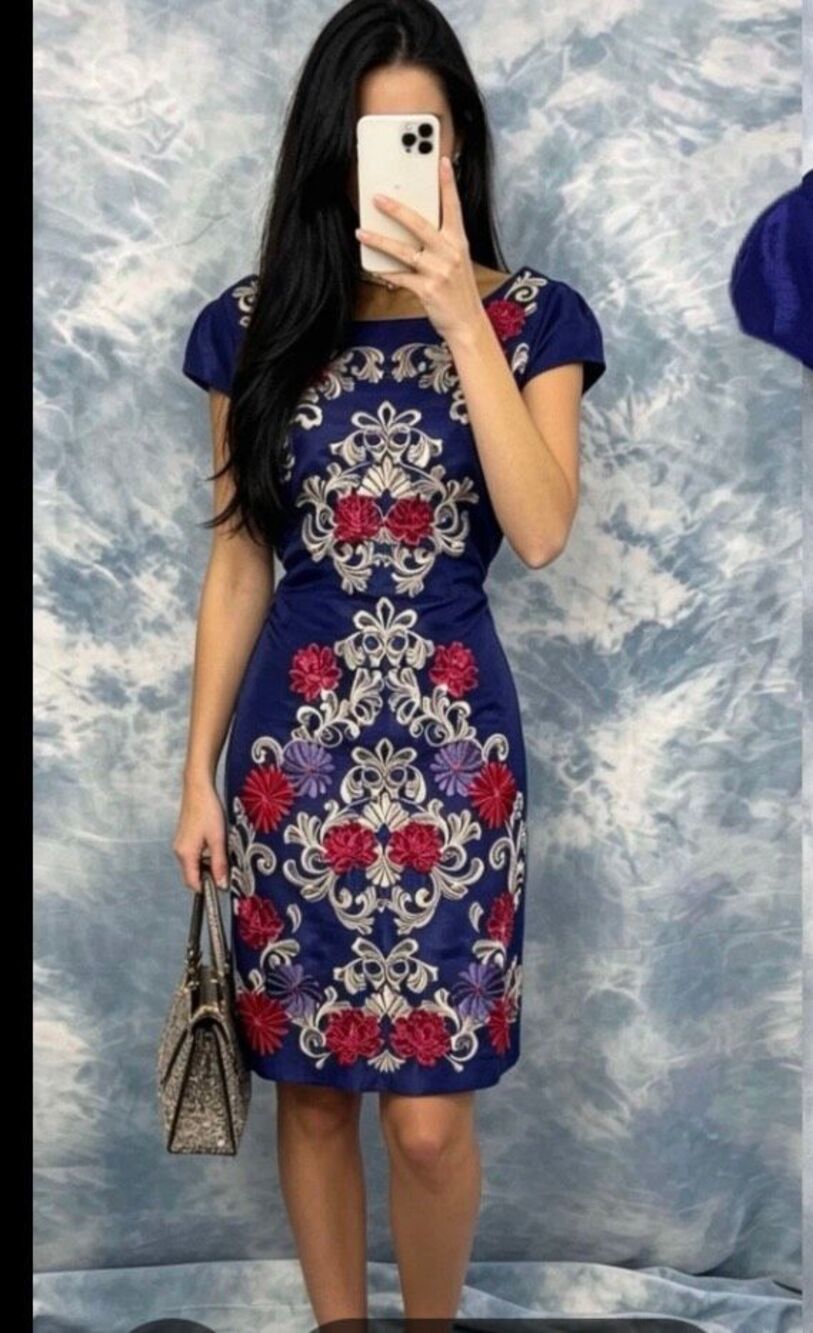 Monsoon Navy Heavily Embroidered Cap Sleeve Dress sz 12 NWT